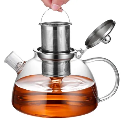 Obrázok produktu pre Sklenená konvička na čaj, objem 1300 ml, s nerezovým sitkom. Vhodná do rúry, mikrovlnnej rúry a umývačky riadu