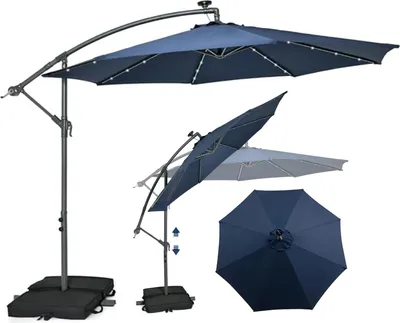 Produktbild von Ampelschirm 300 cm mit 40 LED-Solar-Beleuchtung, Sonnenschirm Neigbar mit Kurbel, Kurbelschirm mit Ständer Sandsäcke, Gartenschirm UV-Schutz (Blau)