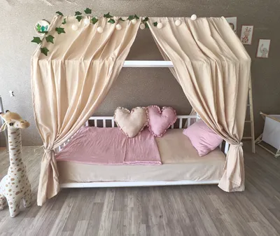 Produktbild von Musselin Hausbett Himmel Betthimmel Beige für Kinderbett 100% Baumwolle 360cm Kinderzimmer Baldachin Bettvorhang Betthimmel Jungenzimmer