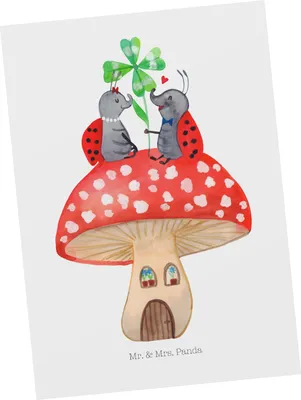 Produktbild von Mr. & Mrs. Panda Postkarte Marienkäfer Fliegenpilz - Weiß - Geschenk, Fleigenpilzhaus, Haus, bildkarte, Grußkarte, Ansichtskarten, Ansichtskarte, Postkarten, Zuhause