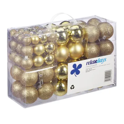 Produktbild von Relaxdays Weihnachtskugeln, 100er Set, Weihnachtsdeko, matt, glänzend, glitzernd, Christbaumkugel ∅ 3, 4 & 6 cm, gold