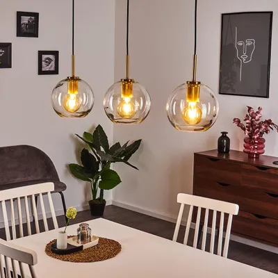Produktbild von Radda »Radda« Retro Pendellampe, Metall, Gold, klaren Glasschirmen Länglich