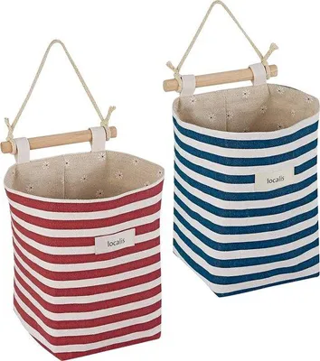 Imagen del producto de Set de 2 organizadores colgantes Unyqoos® – Estanterías de tela, dimensiones 14x14x19 cm, fabricadas con tejido de poliéster/algodón y forradas con lino/algodón, con barra de madera. Incluye 1 con rayas azules y 1 con rayas rojas, ideales para pasillos, baños o habitaciones infantiles