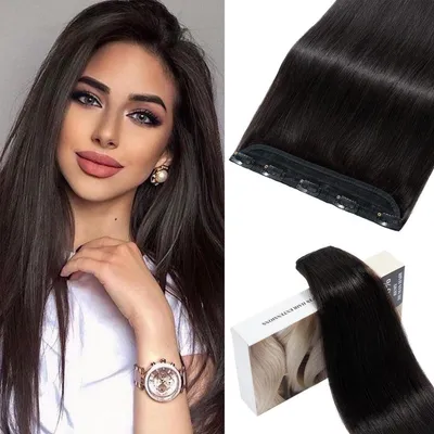 Obrázek produktu pro Clip-in prodlužovací vlasy, přírodní vlasy, světlá černá barva, 45 cm, 50 g, 1 kus, 5 sponek
