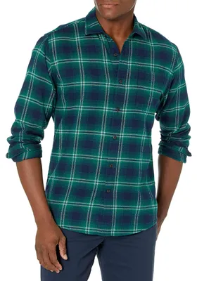 Zdjęcie produktu dla Koszulka flanelowa męska Amazon Essentials, krój regular, długi rękaw, w kratę, kolor granatowy/zielony ombre, rozmiar US L (EU L)