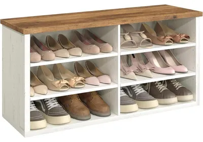 Produktbild von Schuhschrank mit Sitzfläche LSB036W02, 6 Fächer, 29,5 x 100 x 50 cm, weiß/braun