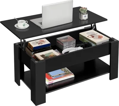A black lift-top coffee table with storage.