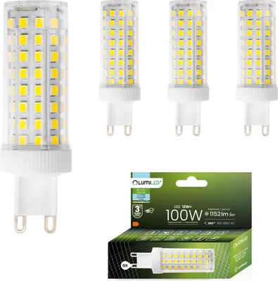 Four LED light bulbs are displayed in the foreground, with a product box in the lower right corner.