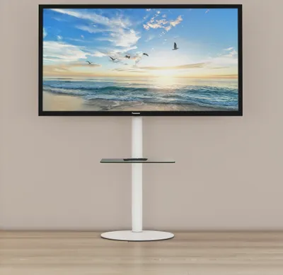 Produktbild von VCM TV Standfuß mit Zwischenboden 32-70 Zoll | VESA max. 600x400 bis 40 kg | Runder Fernseh Ständer aus Alu | TV Bodenständer Maße ca. H. 100 x B. 55 x T. 45 cm | Fernsehstand Cirla