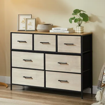 Produktbild von CASABEL Kommode mit 7 Schubladen aus verstärktem Stoff, Metallrahmen und Holzplatte, praktische Kommode mit Schubladen 100x30x75 cm für Schlafzimmer, Wohnzimmer oder Flur, Schwarz