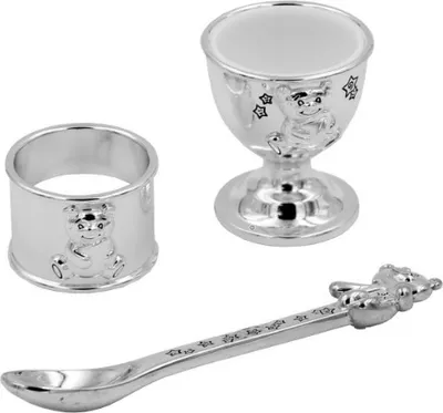 Produktbild von Versilberter Eierbecher, Serviettenring und Löffel im Set - ideal als Geschenk zur Geburt oder Taufe