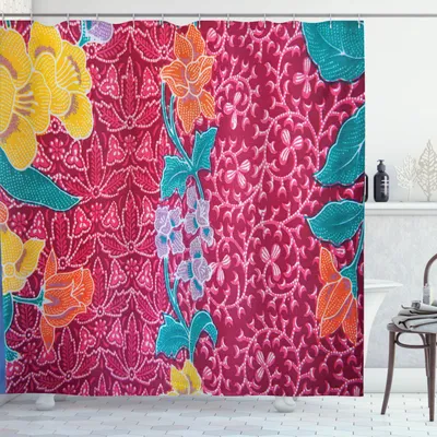 Produktbild von ABAKUHAUS asiatisch Duschvorhang, Bunte Blüten im Stil des Balinesischen Batik-östlichen traditionellen Bild-Druckes, 175 x 200 cm, Mehrfarbig