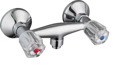 A chrome-finished shower faucet with clear acrylic handles, one marked with red and the other with blue.