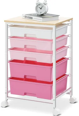 Produktbild von Rollcontainer mit 5 Schubladen, Holzoberplatte, auf Rollen, für Küche, Wohnzimmer, Büro, rosa