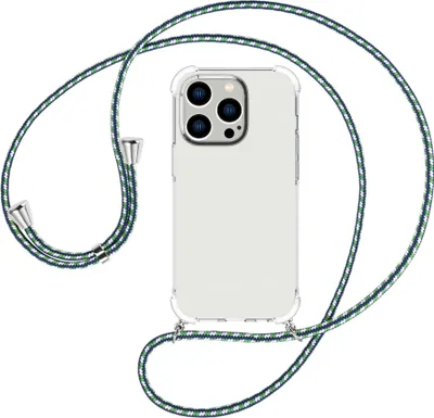 Produktbild von Handykette Backcover-Schutzhülle mit Band (Metall silberfarben) für Apple iPhone 15 Pro Max - grün/blau/weiß