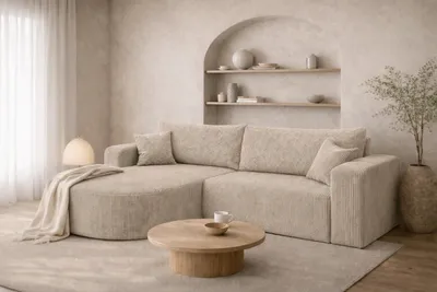 Image de Canapé d'angle avec fonction couchage, tissu velours côtelé Poso, beige foncé, configuration ? gauche, ROUND ONE