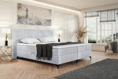 Produktbild von MEBLINI Boxspringbett mit Bettkasten - Gepolstert Doppelbett mit Matratze und Topper - Polsterbett mit Stauraum - Bett mit Kopfteil - Stauraumbett - NANI - 160x200 - H3P/Hellgrau Samt
