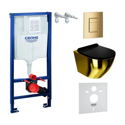 Produktbild von GROHE Vorwandelement Solido + Wand Hänge WC Sofi Slim Gold/Black Spülrandlos + WC-Sitz SoftClose | Goldener Knopf | Komplettset | Unterputz Spülkasten |  Toilette Komplett Sett