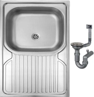 A stainless steel sink and its drainage system are shown against a white background.