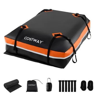 Obrázok produktu pre Strešný box COSTWAY, vodotesný strešný kufor s objemom 600 l, batožinový box s protišmykovou podložkou, 6 háčikov na dvere, zámok a taška na prenášanie, prenosný strešný box XXL v oranžovej farbe