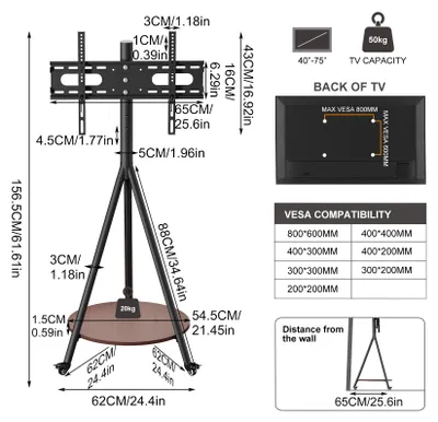 Productafbeelding van TV-standaard met wielen - Mobiele TV-wagen - Geschikt voor televisies van 102–191 cm - Max. 50 kg - VESA 600 x 400 mm - Voor plaatsing op de vloer - Zwart