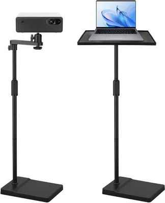 Zdjęcie produktu dla Unyqoos® Regulowany statyw do projektora, wysokość 122–154 cm, obrotowa płyta o zakresie 360°, stabilna podstawa wykonana z aluminium, udźwig 5 kg, przeznaczony do projektorów i laptopów