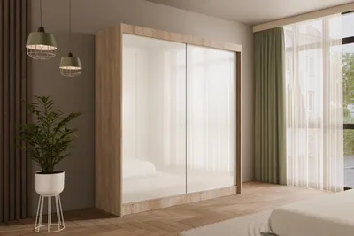 Produktbild von ALTDECOR Kleiderschrank mit Lacobel-Schiebetüren, kugelgelagerte Führungsschienen und Aluminium-Leisten - PEKA - 200 cm Sonoma /  Weiß
