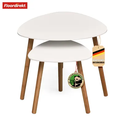 A set of two nesting tables with white tops and wooden legs, displayed on a white background.