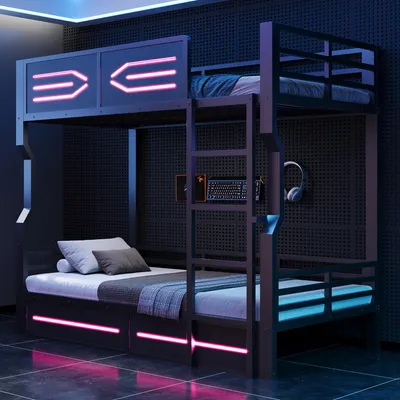 Image de Lit superposé de 95,5 x 175 cm, avec éclairage LED, barrière de sécurité, escalier, idéal pour les chambres d'enfants et d'adolescents, couleur noire