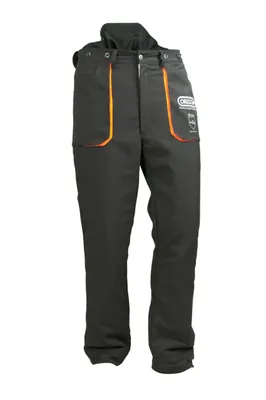 A pair of black chainsaw protective pants with orange trim and a logo on the right leg, shown against a white background.