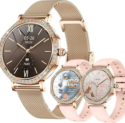 Produktbild von Smartwatch Damen mit Telefonfunktion, 5ATM Wasserdicht für iOS Android, Sportuhr mit Bluetooth Anrufe Fitnessuhr mit Schlafmonitor, 3 Armbänder