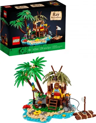 A LEGO set depicting a castaway on a tropical island.
