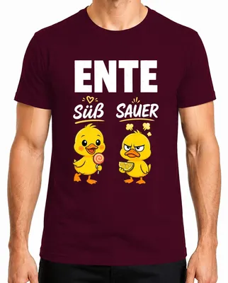Immagine prodotto di Maglietta da uomo, colore bordeaux, taglia L, con scritta divertente a tema "dolce e acido" e immagine di un pulcino. La scritta esprime un concetto umoristico, sarcastico o provocatorio