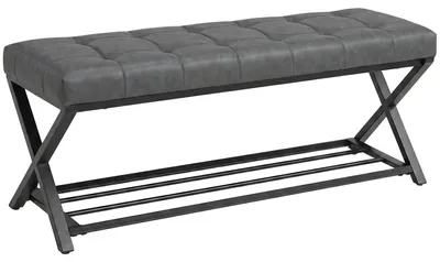 Image de Banc à chaussures avec assise en similicuir et espace de rangement | Couleur : gris foncé | Dimensions : 112 x 37 x 47 cm