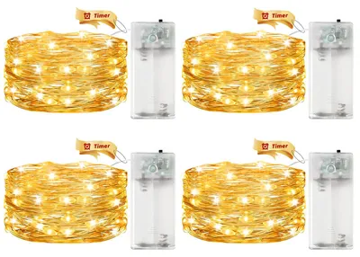 LED-Lichterkette mit Timer, 4 Stück, 2 m, 20 LEDs, warmweiß, Kupferdraht