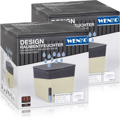 Two boxes of Wenko Design Raumentfeuchter Cube dehumidifiers are shown, with one box slightly in front of the other.
