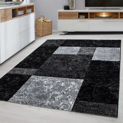 Immagine prodotto di Ayyildiz Tappeti moderni e di design Nero 140x200 cm Tappeto a pelo corto, motivo a quadri, tappeto per soggiorno, supporto in juta