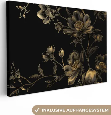 Produktbild von MuchoWow® - Leinwandbilder - Blumen - Schwarz - Gold - Strichzeichnung, Wandbild, Wanddeko Bilder Wohnzimmer, 120x80 cm