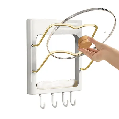 Produktbild von Topfdeckelhalter, Wandmontage Schneidebrettregal, Küchenregal Mit 2er Ablageflächen und 4er Haken，bohrfreier Küchen Aufbewahrungsregal，Weiß