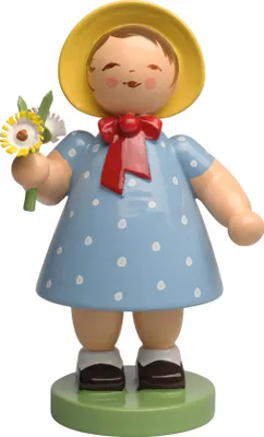 A wooden figurine of a young girl holding a bouquet of flowers.