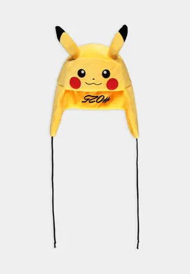 A plush Pikachu hat with ear flaps and strings, displayed against a white background.
