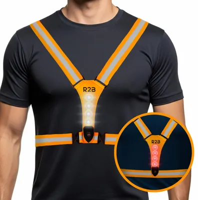 Produktbild von R2B Laufweste mit beleuchtung, Lauflampe Joggen mit 360° Reflektoren, USB-C Wiederaufladbar, wasserdichter LED Running Light - Orange