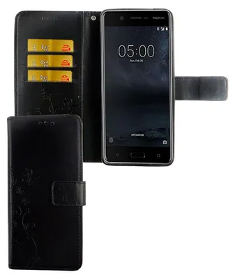 A black wallet-style phone case with a Nokia smartphone inside, shown against a white background.