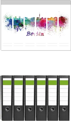 Produktbild von Wallario 6 Stück breite Ordner inkl. Klebeetiketten mit Motive Städte als Aquarell - Skyline von Berlin -  Set mit Rückenschildern / Ordnerrücken Stickern