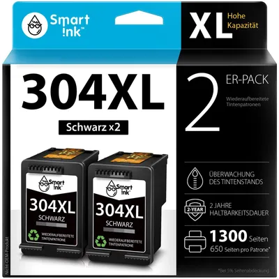 Immagine prodotto di Smart Ink: Cartucce ricaricate come ricambio per HP 304 XL e HP 304XL (confezione multipla da 2 cartucce nere) compatibili con le stampanti Envy 5030, 5000, 5020, 5032, DeskJet 3750, 2630, 2600, 3760, 3720, 3732, 3733, 3735