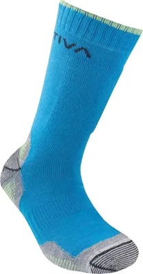 Blaue Kinderbergsocken von La Sportiva mit grauen und grünen Akzenten.