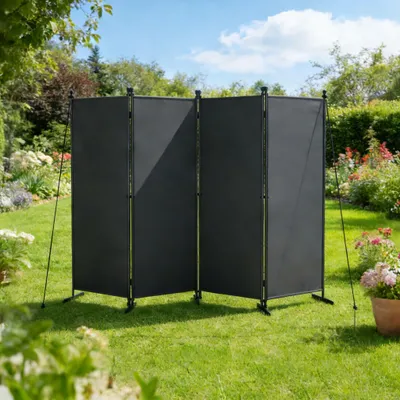 Produktbild von FIVMEN Paravent Outdoor wetterfest mit Heringen und Abspannleinen,Klappbar Freistehend Trennwand ohne Bohren,mobiler sichtschutz für Garten Balkon terrasse,4 Teilig 200 x 180 cm Dunkelgrau
