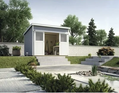 Produktbild von Blockbohlenhaus weka Lugano mit Fußboden 315 x 280 cm grau-weiß