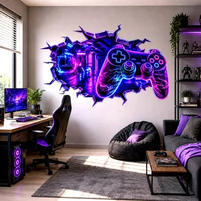 Image de Autocollant mural Decords – Manette de jeu néon avec effet de percée murale en 3D, 180 cm