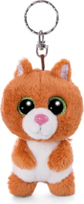 A plush toy keychain of an orange cat with large green eyes and a pink nose, against a white background.